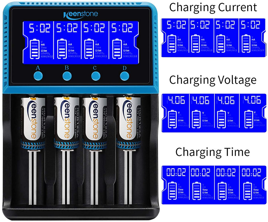 18650 Battery Charger, Keenstone Smart Universal Charger LCD Display for Rechargeable Batteries Ni-MH Ni-Cd AA AAA Li-ion LiFePO4 IMR 10440 14500 16340 RCR123A 26650