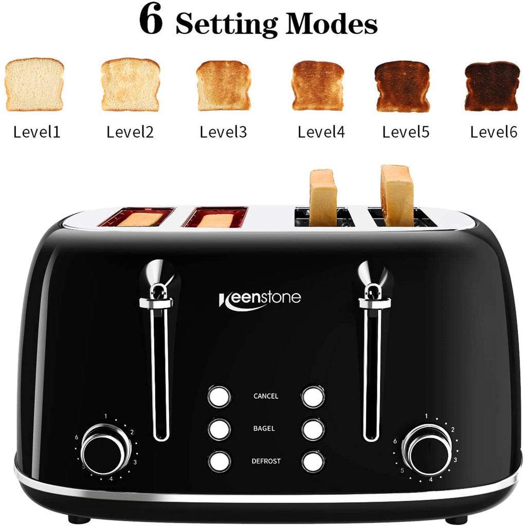 Toasters 4 Slice, Keenstone Retro Stainless Steel Bagel Toaster with Wide Slots, Black