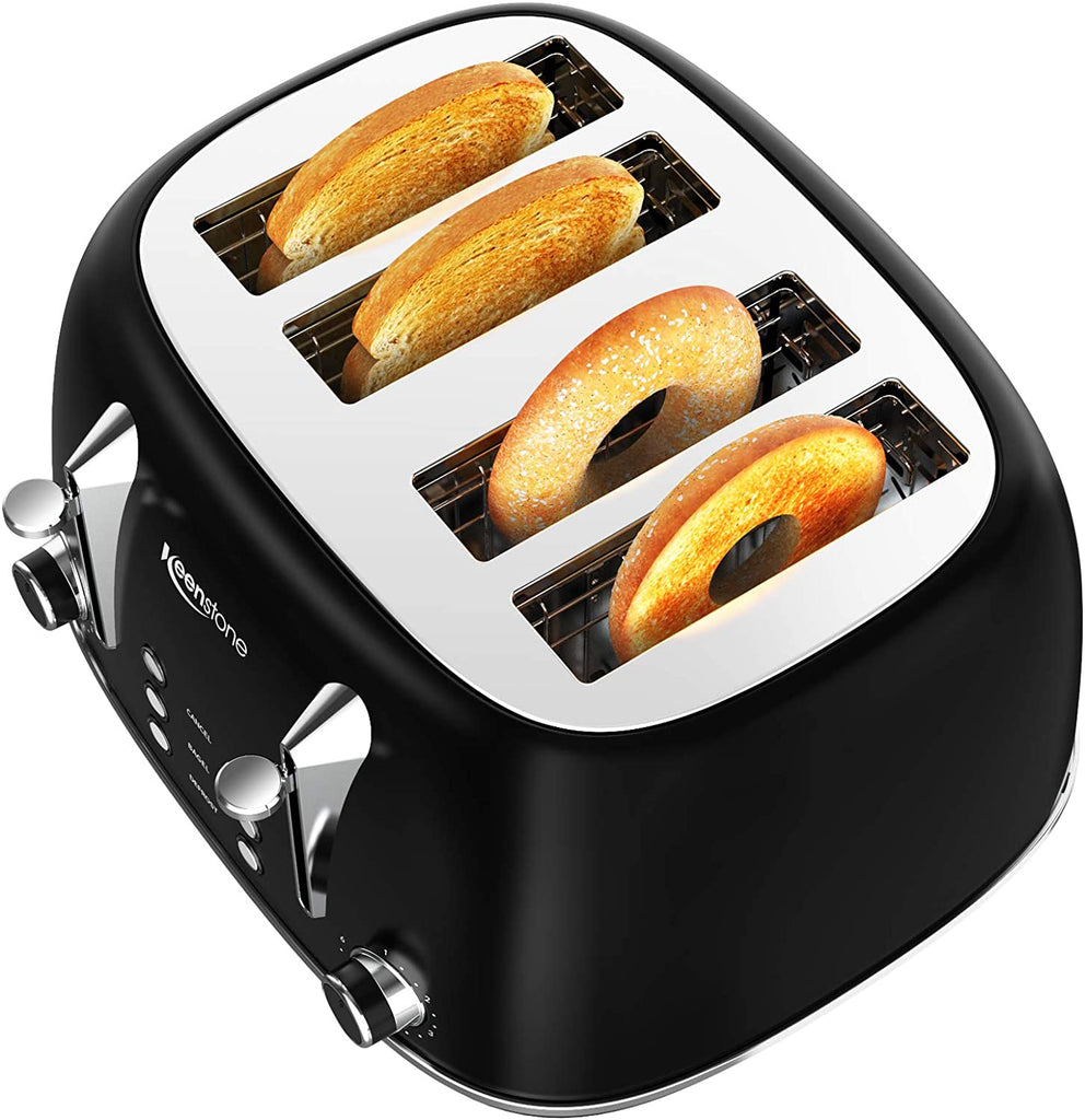 Toasters 4 Slice, Keenstone Retro Stainless Steel Bagel Toaster with Wide Slots, Black