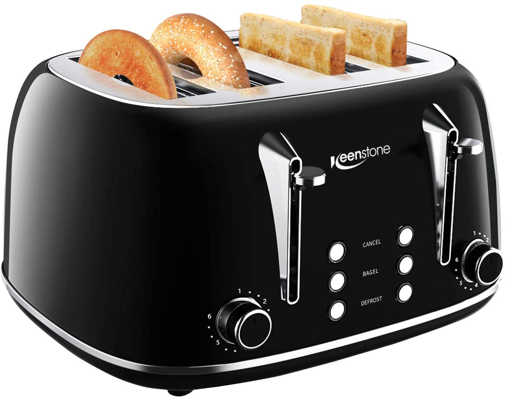 Toasters 4 Slice, Keenstone Retro Stainless Steel Bagel Toaster with Wide Slots, Black