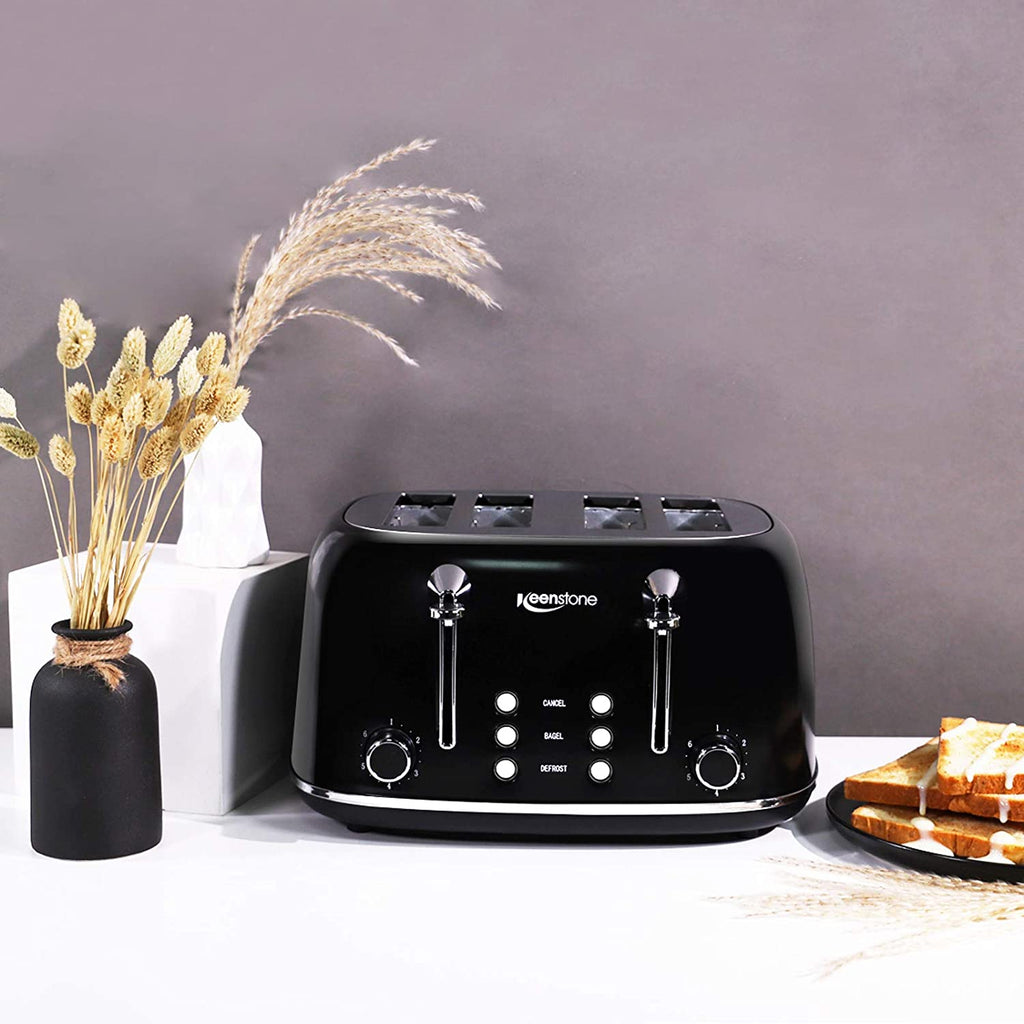 Toasters 4 Slice, Keenstone Retro Stainless Steel Bagel Toaster with Wide Slots, Black