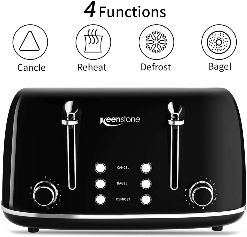 Toasters 4 Slice, Keenstone Retro Stainless Steel Bagel Toaster with Wide Slots, Black