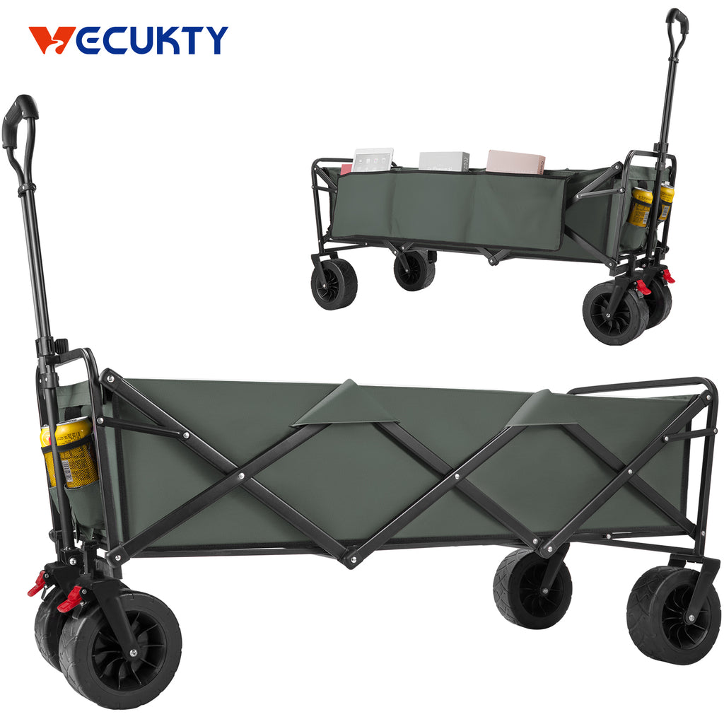 Super Large Collapsible Garden Cart, VECUKTY Folding Wagon Utility Carts with Wheels and Rear Storage, Wagon Cart for Garden, Camping, Grocery Cart, Shopping Cart, Gray