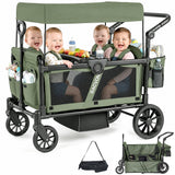 SACVON 4-Seater Stroller Wagon with Side Entry, Canopy & Snack Tray, Includes Detachable Storage Bag That Converts to a Backpack– Olive Green