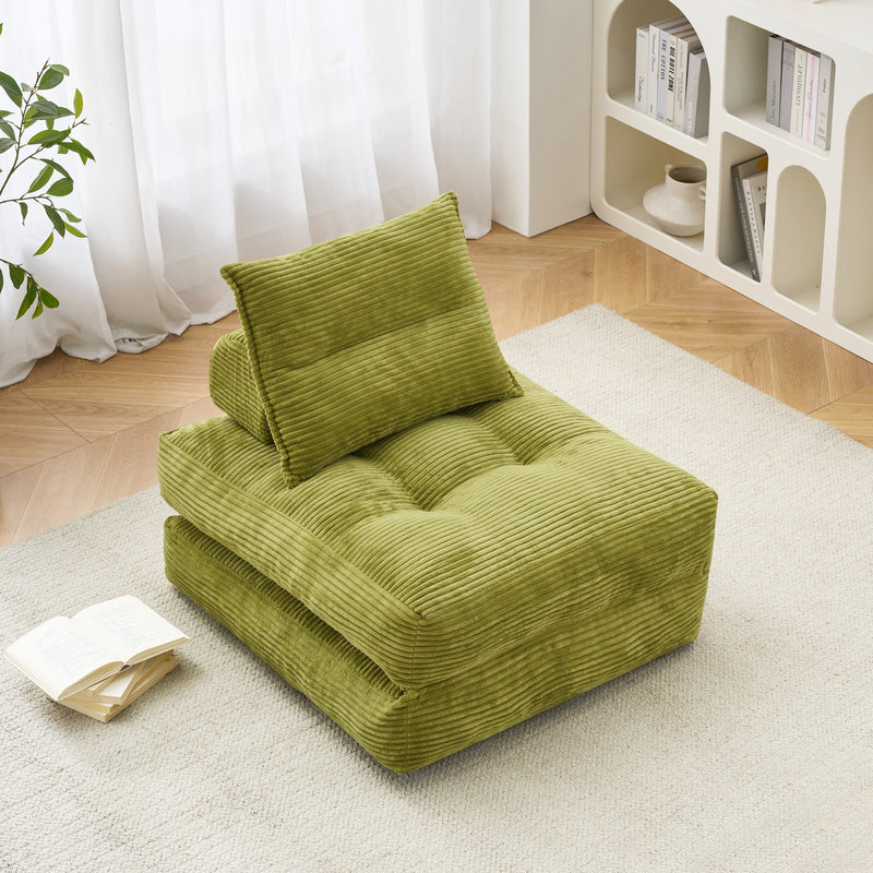 BEHOST 70" Corduroy Folding Futon Sofa with Pillow, 3-in-1 Convertible Couch Bed for Bedroom, Matcha Green
