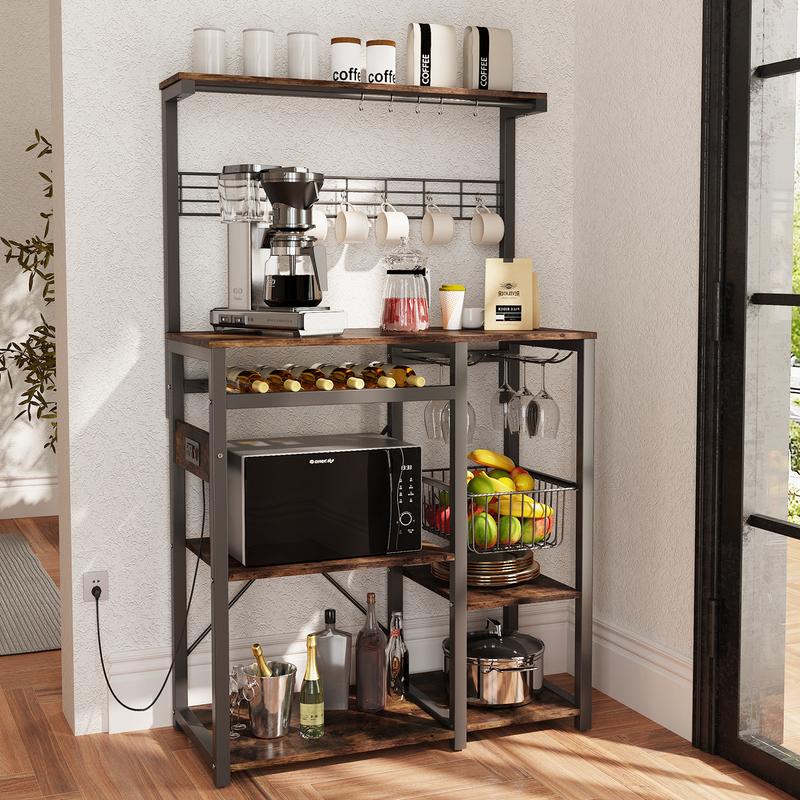 MONVANE 60" Kitchen Baker's Rack, Microwave Stand with Power Outlet, Vintage Brown