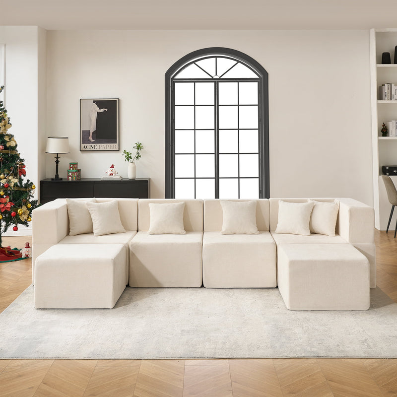BEHOST 130" U-Shaped Modular Sectional Sofa, 6-Piece Cloud Couch with 2 Movable Ottomans, Extra Deep Seat Chenille Sleeper Sofa, Flexible Oversized Modern Sofa Set for Living Room, Beige