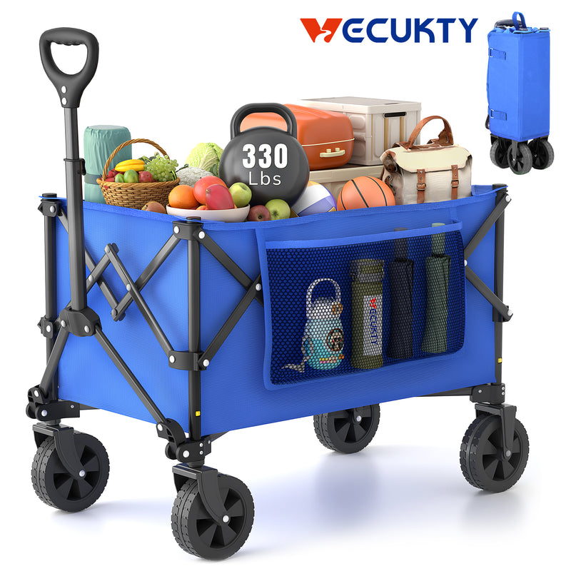 Vecukty Compact Wagon Cart, Gathered Collapsible Camping Cart,Portable Utility Grocery Wagon for Camping, Beach, Picnic, Shopping, Blue
