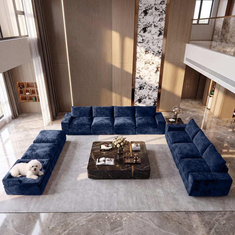 BEHOST 10-Piece Oversize U-Shaped Modular Sectional Sofa, Velvet Cloud Sleeper Couch with Dog Bed & 3 Movable Ottomans, Oversized Deep Seat Living Room Furniture Set,Navy Blue