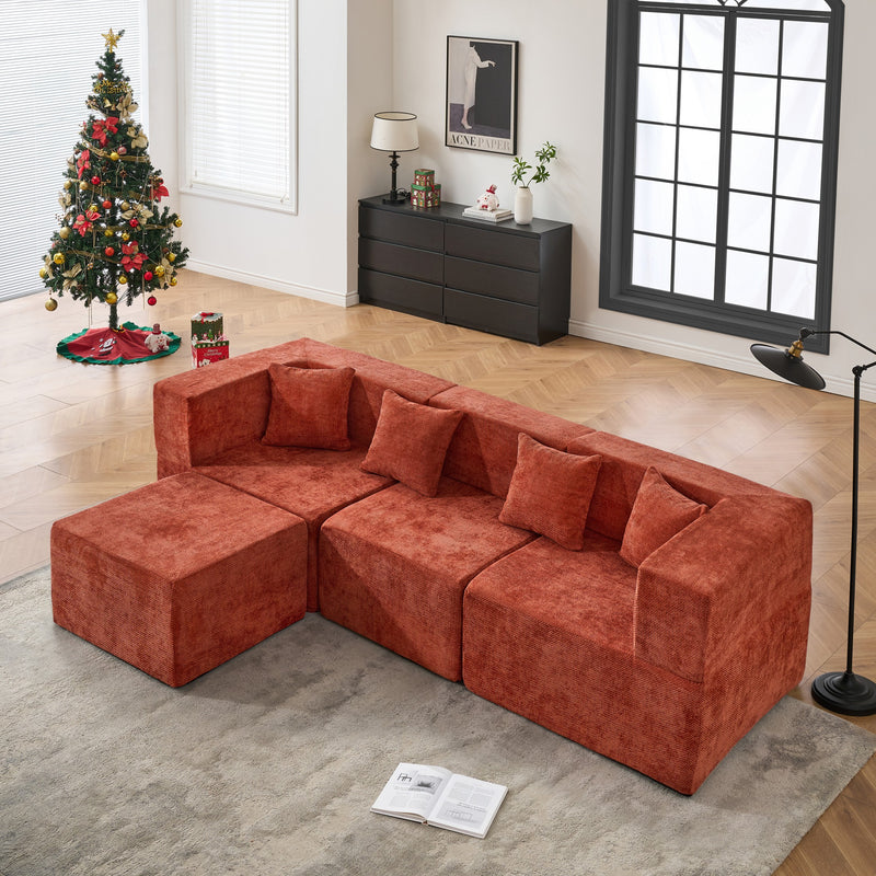 BEHOST 102.5" L-Shaped Cloud Couch Modular Sectional Sofa for Living Room, Red Chenille Fabric Sofa Couch with Ottoman and 4 Pillows, No Assembly