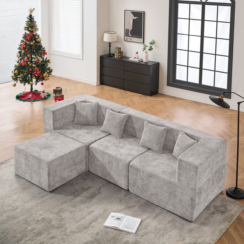 BEHOST 102.5" L-Shaped Cloud Couch Modular Sectional Sofa for Living Room, Light Gray Chenille Fabric Sofa Couch with Ottoman and 4 Pillows, No Assembly