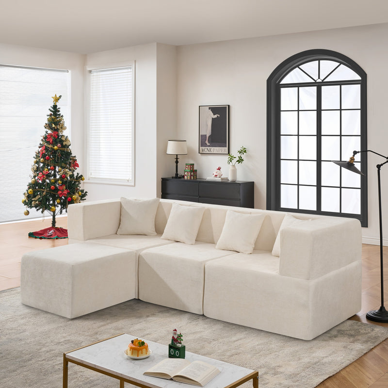 BEHOST 102.5" L-Shaped Cloud Couch Modular Sectional Sofa for Living Room, Beige Chenille Fabric Sofa Couch with Ottoman and 4 Pillows, No Assembly