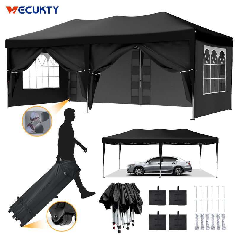 Vecukty 10' x 20' Super Sturdy Giant Pop up Canopy Tent with 6 Removable Sidewalls and Carry Bag, Heavy Duty Party Tent Portable Instant Outdoor Shelter Gazebo, Camping Essentials, Black