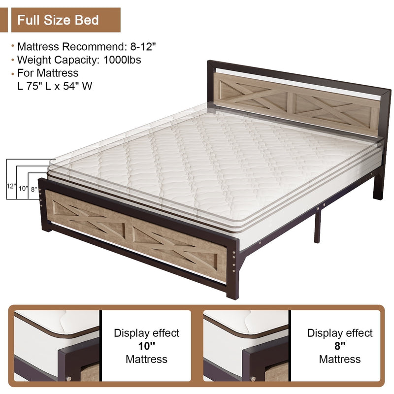 Behost Full Size Bed Frame, Farmhouse Wood Metal Platform Full Bed Frame with Headboard and 11" Underbed Storage