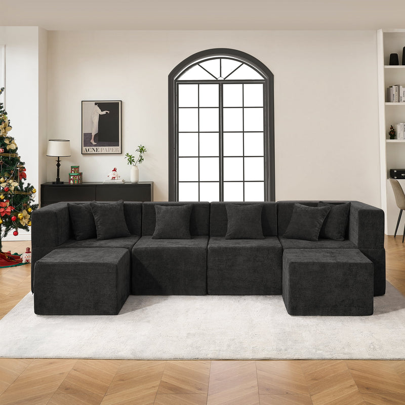 BEHOST 130" U-Shaped Modular Sectional Sofa, 6-Piece Cloud Couch with 2 Movable Ottomans, Extra Deep Seat Chenille Sleeper Sofa, Flexible Oversized Modern Sofa Set for Living Room, Black
