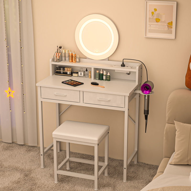 Eunon Makeup Vanity Desk with Mirror & Lights,Vanity Table with Fabric Drawers,Power Outlet & Stool,3 Color Modes & Adjustable Brightness Dressing Table, White