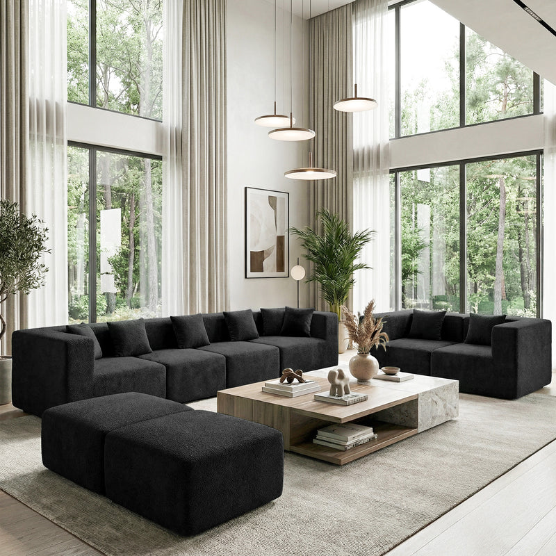 BEHOST 130" 8-Piece Modular Sectional Sofa with Ottomans, U-Shaped Pit Couch for Living Room, Modern Teddy Fabric Cloud Couch Set, Large Sleeper Sofa with Deep Seats, Classic Black