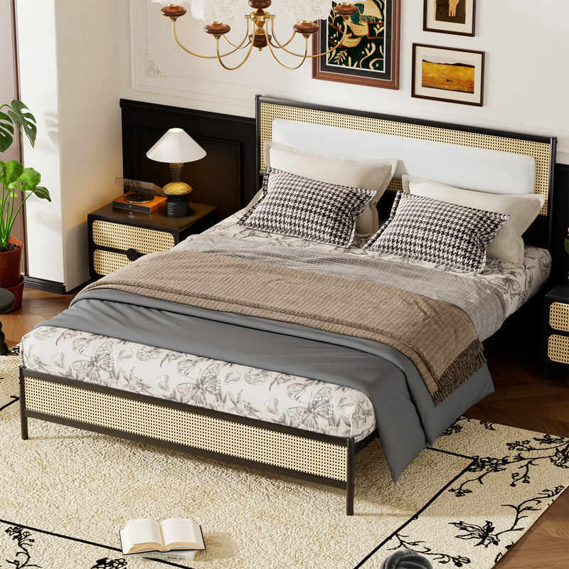 Behost Full Size Platform Bed Frame with Rattan Headboard and Footboard, Metal Slat Support, Modern, Beige