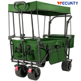 Collapsible Garden Wagon Cart with Removable Canopy, VECUKTY Foldable Wagon Utility Carts with Wheels and Rear Storage, Wagon Cart for Garden Camping Grocery Shopping Cart, Green