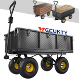 Heavy Duty Steel Dump Garden Cart, Vecukty Outdoor Utility Lawn Yard Wagon 600Lbs 3 cu ft Capacity with Liner, Gardening Cart with Removable Sides and 10 Inch Pneumatic Wheels - Black
