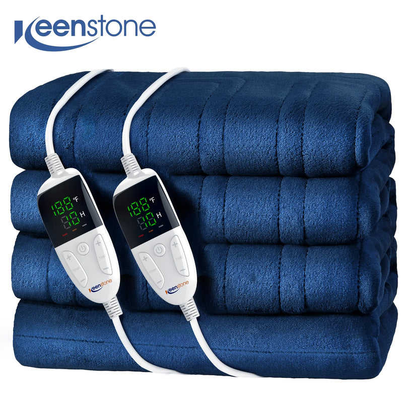 Keenstone Double-sided Flannel Electric Heated Blanket King Size Dual Control, 90"x100" Machine Washable Fast Heating Blanket for Office Bedroom Livingroom - Blue