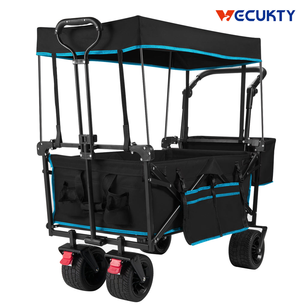 Collapsible Garden Wagon Cart with Removable Canopy, VECUKTY Foldable Wagon Utility Carts with Wheels and Rear Storage, Wagon Cart for Garden Camping Grocery Shopping Cart,Black
