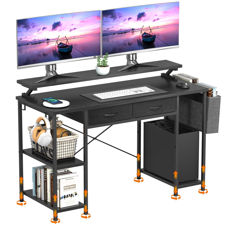 MONVANE® Sturdy Computer Desk with Drawer, Ergonomic 47" Office Desk with Shelves, Writing Gaming Table for Home Office (Include Monitor Stands, Fabric File Cabinet, 2 Hooks) - Black -(Gtin:09797164476666_