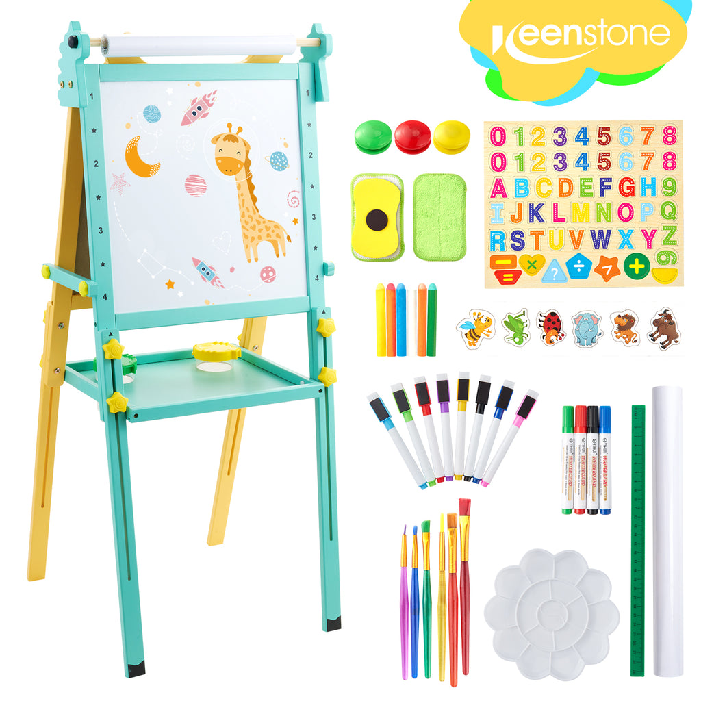 Kids Art Easel, Double-Sided Solid Pine Wood Art Set for Toddlers with  Paper