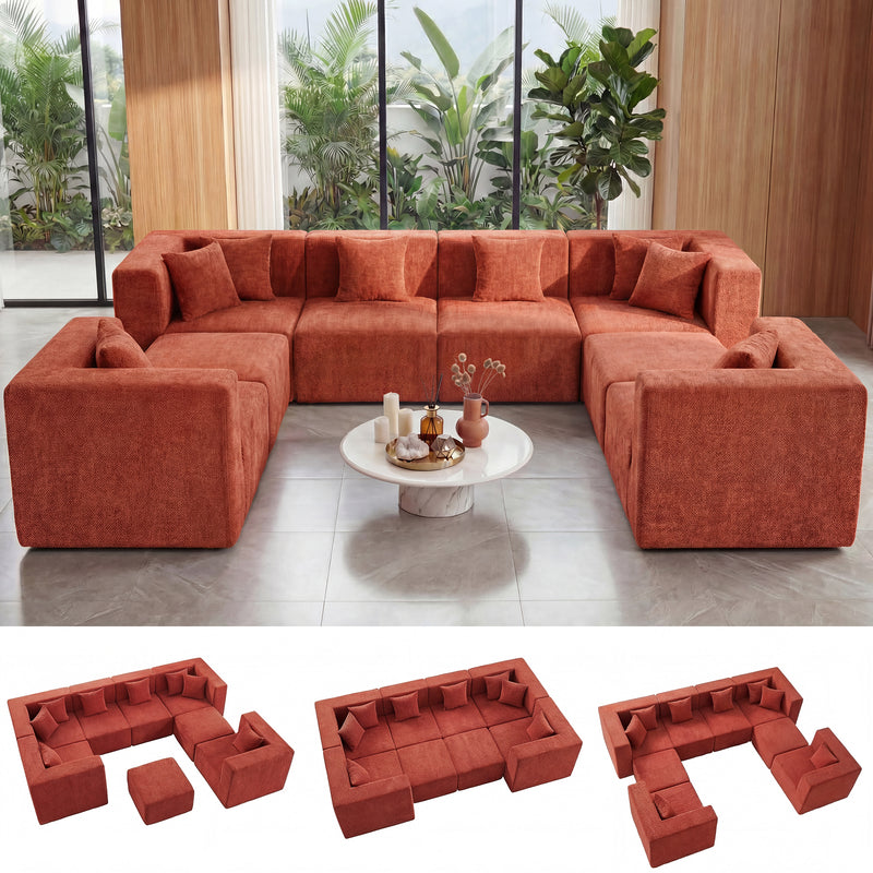 BEHOST 130" 8-Piece Modular Sectional Sofa, Boneless Cloud Couch with Extra Deep Seats, Washable Chenille Sofa Set for Living Room, Chenille Rust