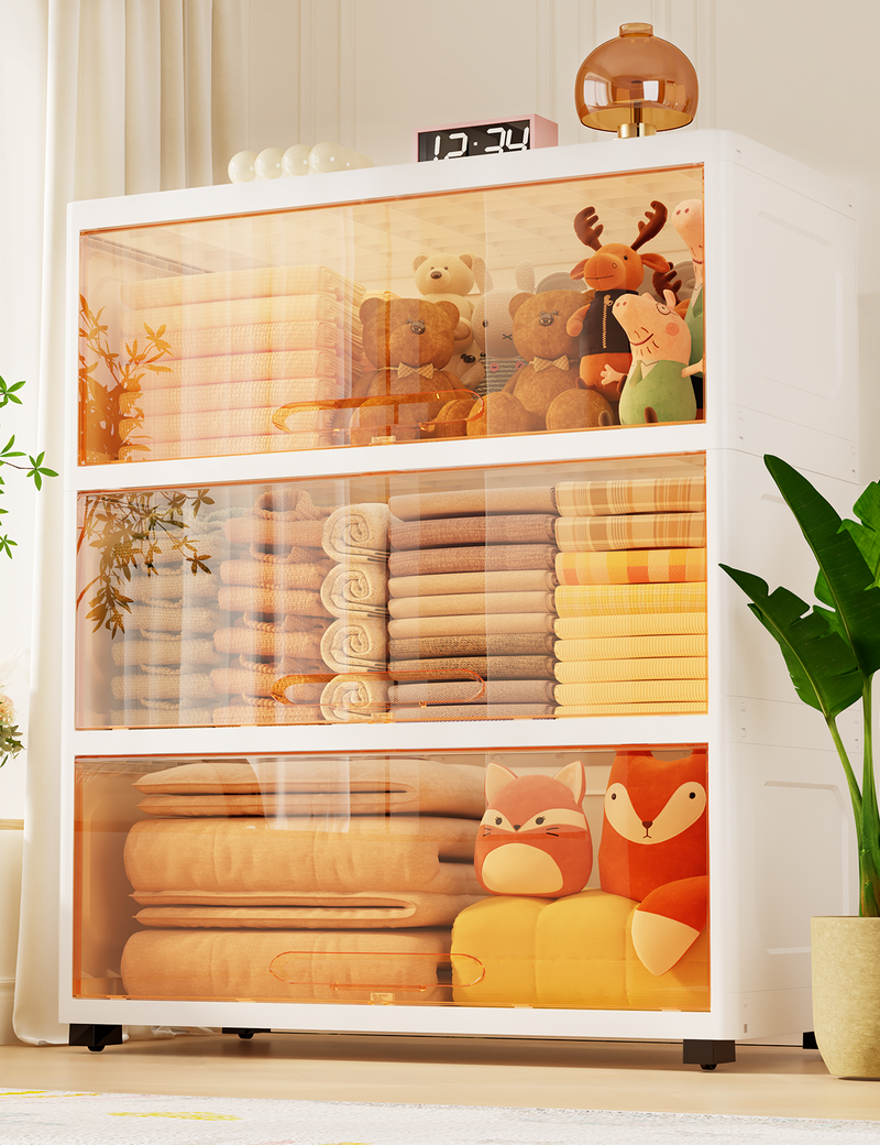 282Qt Stackable Large Plastic Storage Bins with Lids, 3 Tier Closet Organizer with Doors and Wheels, White