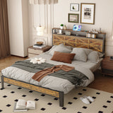 Behost Twin Size Bed Frame with Wooden Headboard and Footboard, Power Outlets Metal Platform Beds, No Box Spring Needed, Vintage Brown