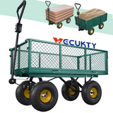 Heavy Duty Steel Dump Garden Cart, Vecukty Outdoor Utility Lawn Yard Wagon 600Lbs 3 cu ft Capacity with Liner, Gardening Cart with Removable Sides and 10 Inch Pneumatic Wheels - Black