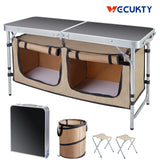 Vecukty Portable Camping Table Set - Aluminum Kitchen Station w/ Storage, Adjustable Feet & Trash Can, brown