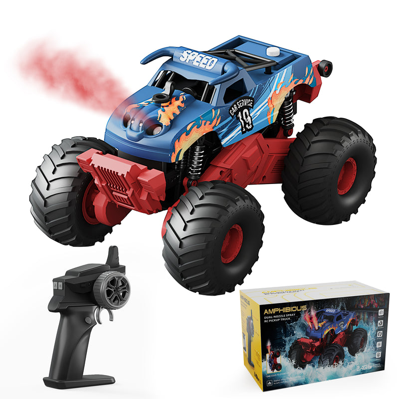 Vecukty RC Monster Truck，Waterproof Amphibious Remote Control Car With Lights & Sprays，2.4GHz All Terrain Off-Road Pickup Truck，Christmas Birthday Gift Toys for Boys and Girls Kids 4-12
