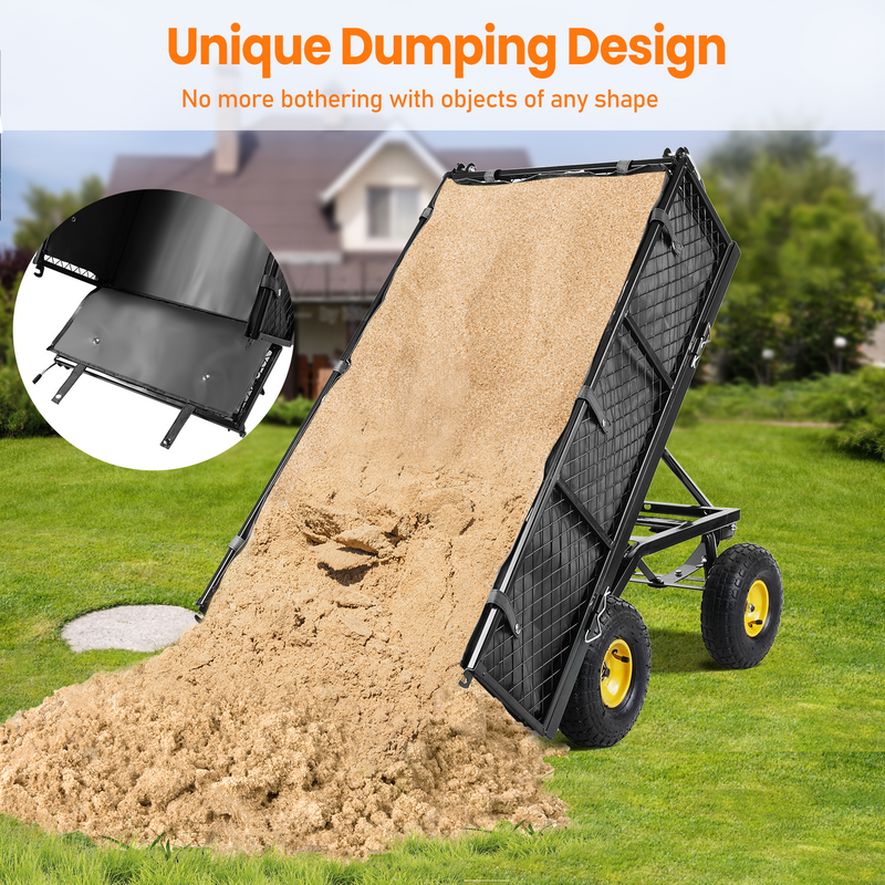 Heavy Duty Steel Dump Garden Cart, Vecukty Outdoor Utility Lawn Yard Wagon 600Lbs 3 cu ft Capacity with Liner, Gardening Cart with Removable Sides and 10 Inch Pneumatic Wheels - Black