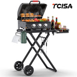 Portable 3-Burner Propane Gas Grill 30,000BTU, Foldable and Stand-up for Outdoor BBQ Camping Grill Backyard Cooking