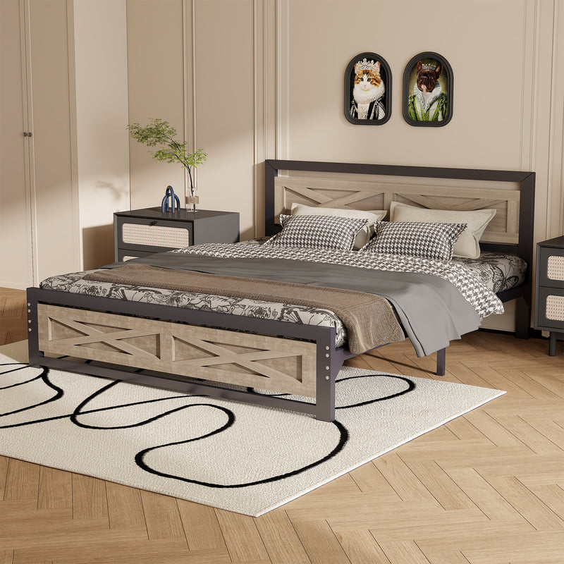 Behost Queen Bed Frame with Headboard and 11" Underbed Storage, Metal Wood Platform Bedframe Queen Size Bedroom Furniture