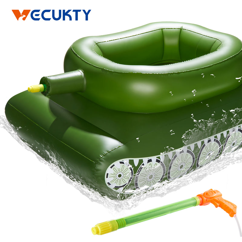 Giant Inflatable Tank Ride On Pool Float, Blow Up Tank Pool Floatie with Functional Pump-Action Water Cannon for Adults & Kids Ages 5+