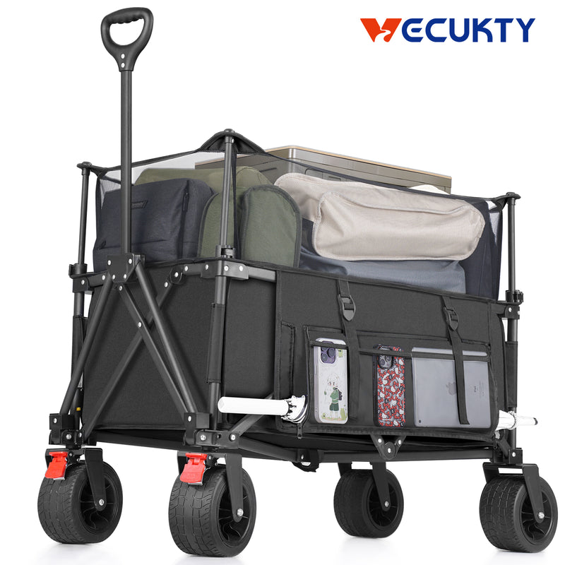 Collapsible Camping Beach Wagon, VECUKTY 350L Garden Cart, Heavy Duty Utility Fold Wagon with Big Wheel & Side Pickets for Garden, Camping, Sport, Shopping