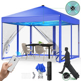 Vecukty 10x10ft Pop Up Canopy Tent with Removable Mesh Mosquito Sidewalls, Remote-Controlled 8-Color LED Lights ,Instant Outdoor Shelter Gazebo Tent,Blue