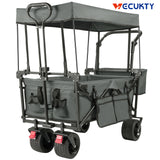 Collapsible Garden Wagon Cart with Removable Canopy, VECUKTY Foldable Wagon Utility Carts with Wheels and Rear Storage, Wagon Cart for Garden Camping Grocery Shopping Cart, Gray