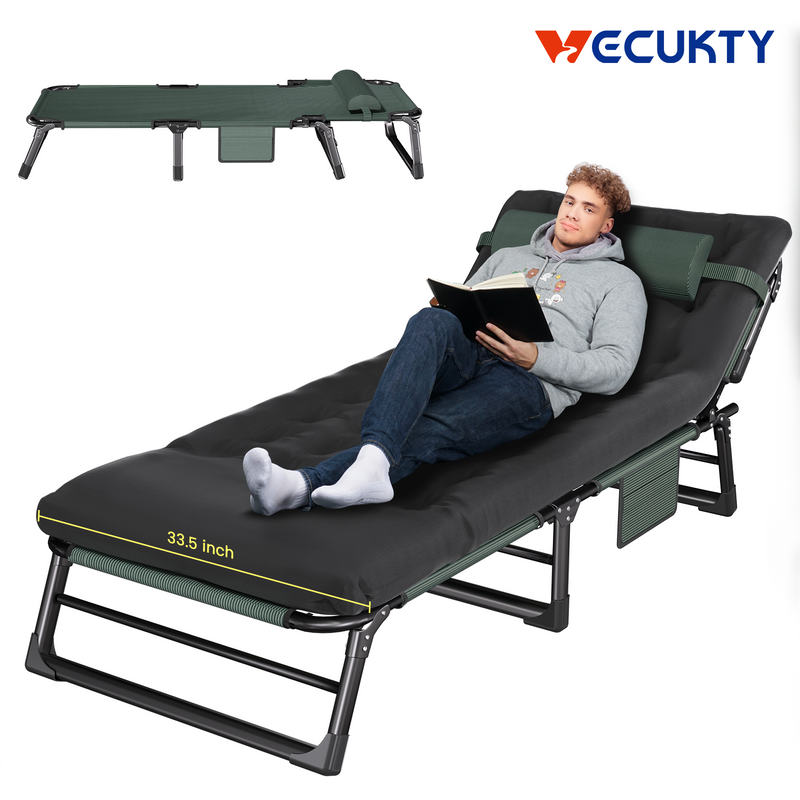 VECUKTY Foldable Camp Cot 500lb Capacity, 4-Position Reclining Lounge Chair with Pillow, Steel Frame & Oxford Fabric for Camping, Travel, Outdoor
