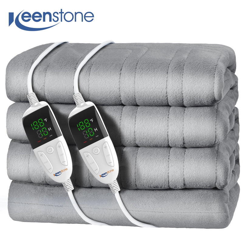 Keenstone Double-sided Flannel Electric Heated Blanket King Size Dual Control, 90"x100" Machine Washable Fast Heating Blanket for Office Bedroom Livingroom - Gray