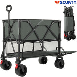 Folding Double Decker Garden Wagon, VECUKTY Heavy Duty Collapsible Camping Wagon Cart with 54" Lower Decker, All-Terrain Big Wheels for Camping, Sports, Shopping, Garden and Beach, Support Up to 550lbs, Gray