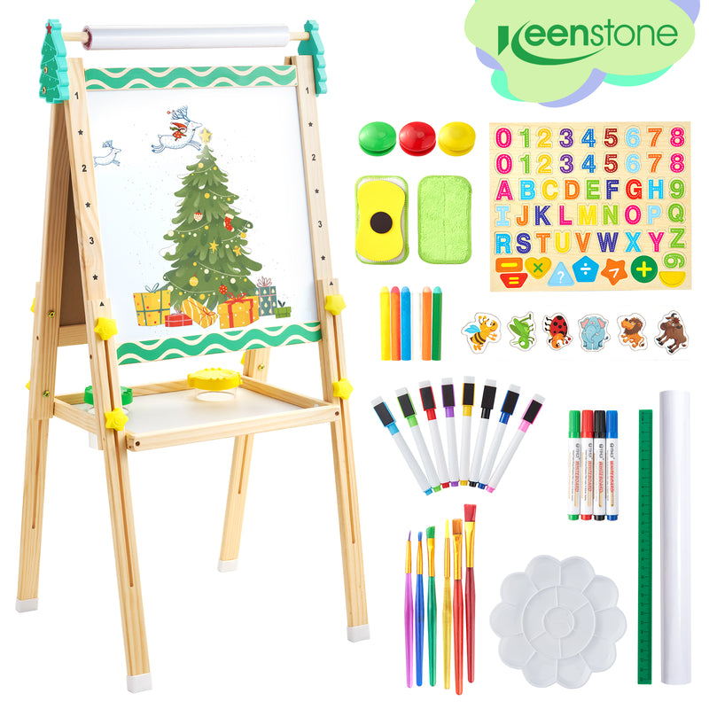 Keenstone Christmas Tree Art Easel for Kids, Learning-Toy for 3,4,5,6,7,8 Years Old Boy&Girls, Wooden Chalkboard&Magnetic Whiteboard&Painting Paper Stand, Gift&Art Supplies for Toddler
