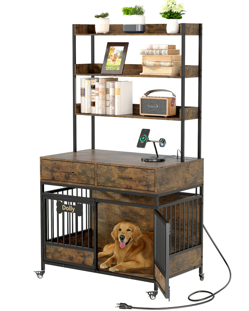 Behost 39" Dog Crate Kennel Cage Furniture for Large Dogs with 3-Tier Storage and Lockable Wheels LED Light Rustic Brown