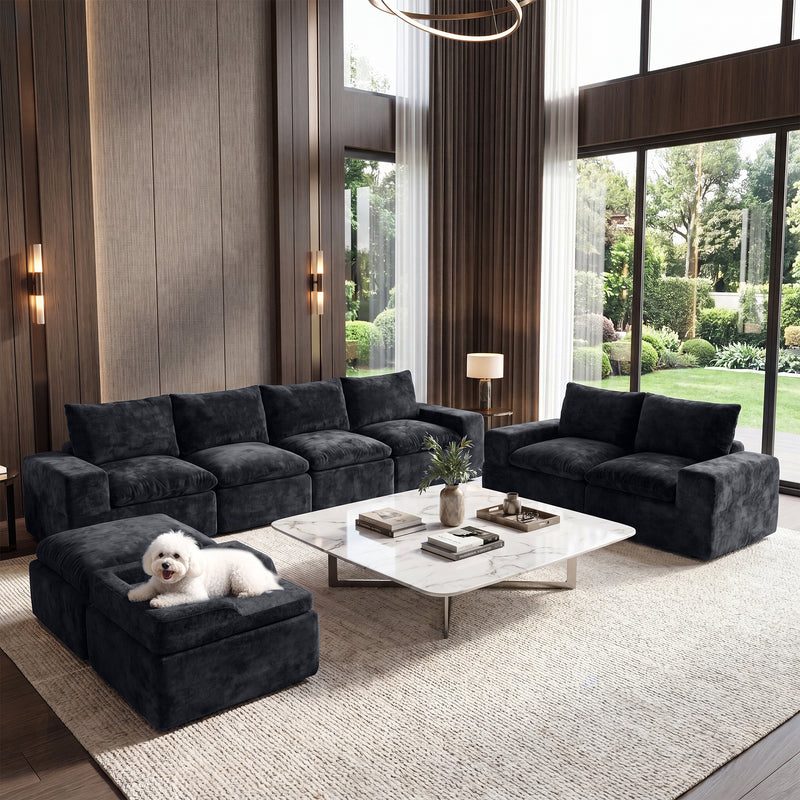 BEHOST 8-Piece 130" U-Shaped Modular Sectional Sofa, Velvet Cloud Sleeper Couch with Dog Bed & 2 Movable Ottomans, Oversized Deep Seat Living Room Furniture Set,Dark Gray