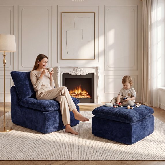 BEHOST Modular Sectional Sofa, Velvet Cloud Sleeper Couch with Ottoman & Extra Deep Seats, Compact Sofa Bed for Living Room & Small Spaces, Navy Blue