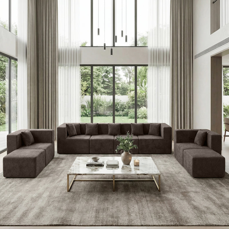 BEHOST 130" 8-Piece Modular Sectional Sofa with Ottomans, U-Shaped Pit Couch for Living Room, Modern Teddy Fabric Cloud Couch Set, Large Sleeper Sofa with Deep Seats, Coffee Brown