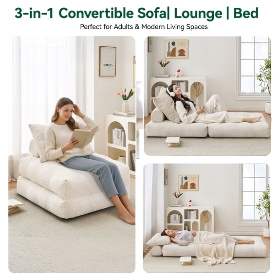 BEHOST 86" 2 Pack Large Futon Sofa Bed for Adults, 3-in-1 Convertible Folding Chair Bed Sleeper Chair, Beige